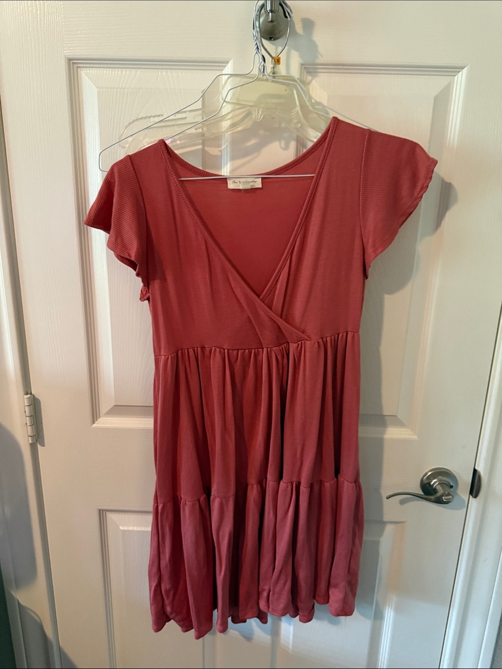 See You Monday Rose-Pink Tiered V-Neck Flutter-Sleeve Dress